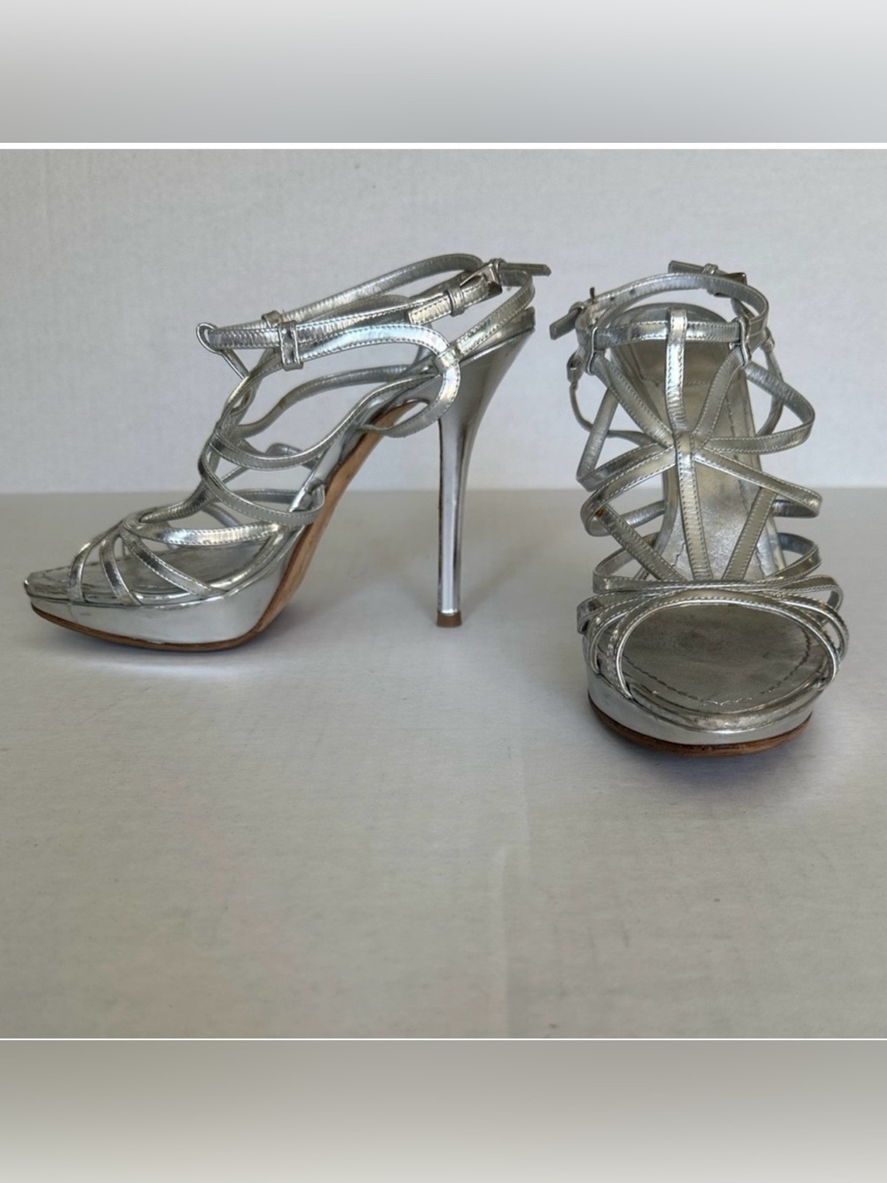 Christian Dior Strappy Metallic Platform Heel Sandals Silver Size 38